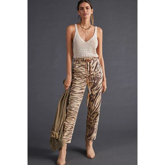 Pilcro Cream Brown Animal Print Avant Garde Denim The Long Bow Trousers Size 29 - Picture 1 of 10